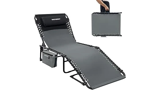 The image shows a comfortable folding chaise lounge chair for relaxing outdoors.