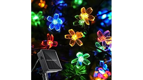 The image shows a patio adorned with glowing solar string lights, perfect for outdoor ambiance.