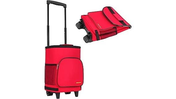 The image shows a durable, wheeled soft cooler, perfect for keeping items cool on adventures.