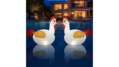 The image shows glowing solar-powered pool lights illuminating a dark outdoor swimming pool at night.