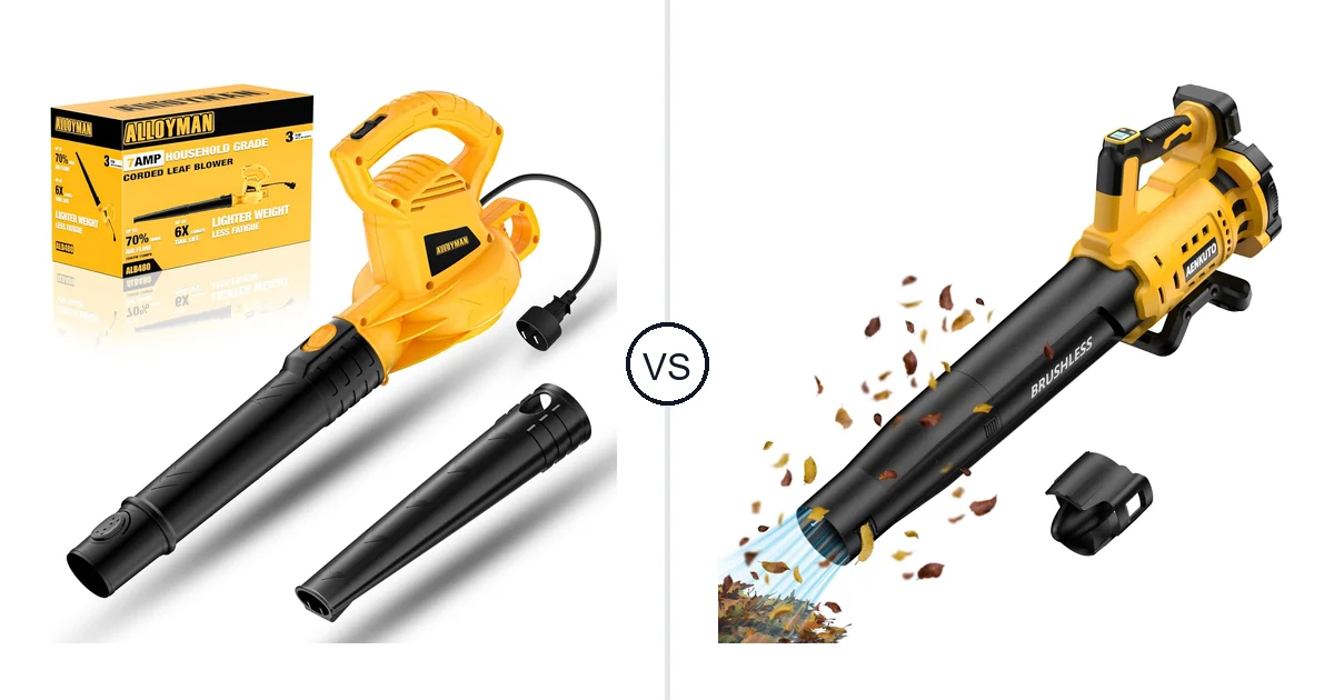 Comparison of Alloyman Corded Leaf Blower-yellow and Aenkuto Cordless Leaf Blower for DEWALT 20V