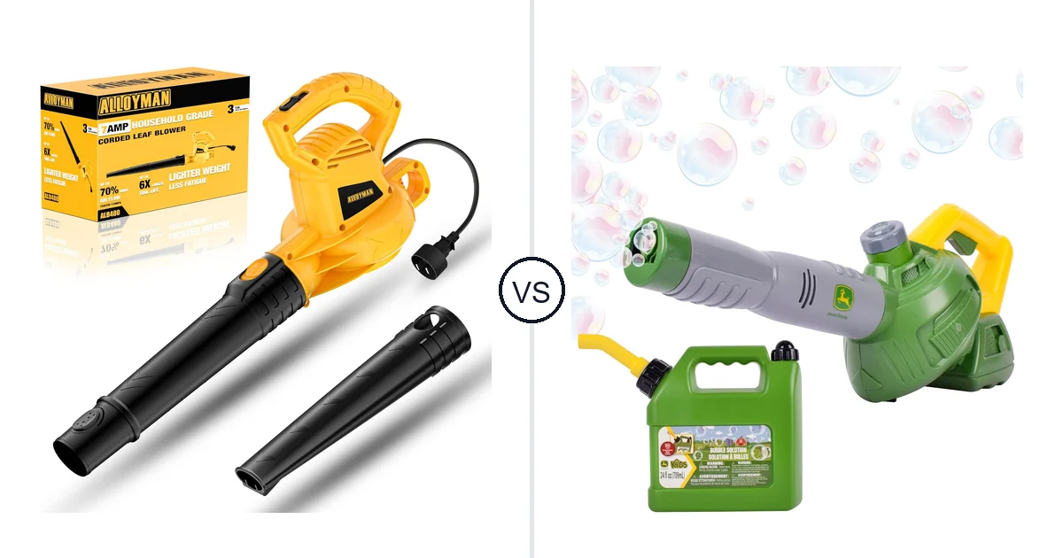 Comparison of Alloyman Corded Leaf Blower-yellow and John Deere Bubble Leaf Blower Toy for