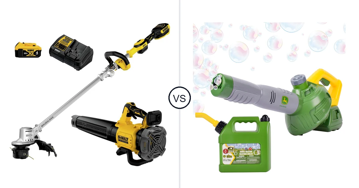 Comparison of DEWALT DCKO222M1 and John Deere Bubble Leaf Blower Toy for