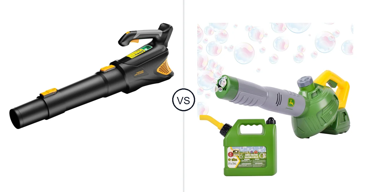 Comparison of HEINPRO Cordless Leaf Blower 500CFM Compatible and John Deere Bubble Leaf Blower Toy for
