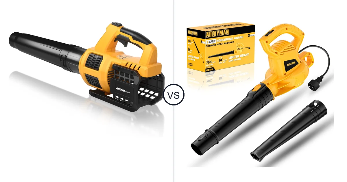 Comparison of HEINPRO Cordless Leaf Blower Compatible and Alloyman Corded Leaf Blower-yellow