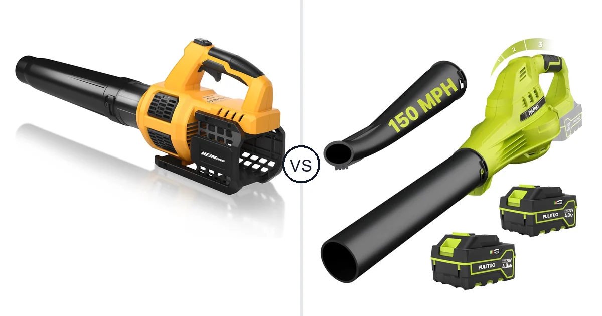 Comparison of HEINPRO Cordless Leaf Blower Compatible and PULITUO Updated 4.0 Batteries, Green