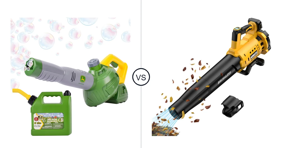 Comparison of John Deere Bubble Leaf Blower Toy for and Aenkuto Cordless Leaf Blower for DEWALT 20V