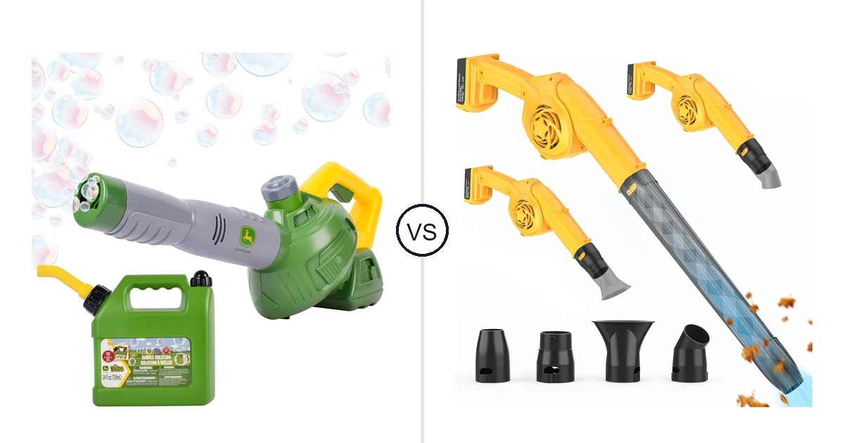 Comparison of John Deere Bubble Leaf Blower Toy for and denqir Leaf Blower