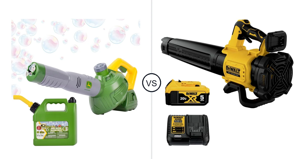 Comparison of John Deere Bubble Leaf Blower Toy for and DEWALT DCBL722P1
