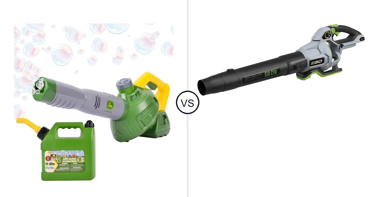 Comparison of John Deere Bubble Leaf Blower Toy for and EGO Power+ Leaf Blower