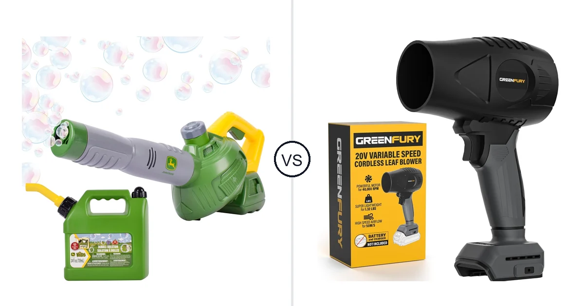 Comparison of John Deere Bubble Leaf Blower Toy for and GREENFURY Cordless Leaf Blower Compatible