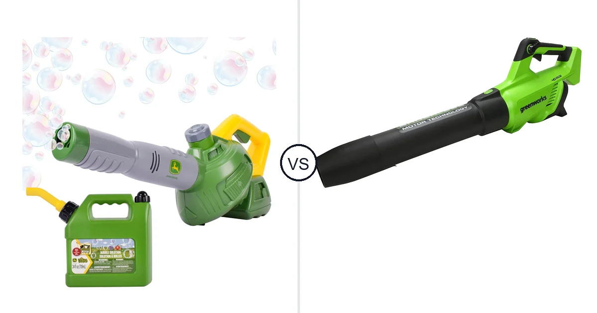 Comparison of John Deere Bubble Leaf Blower Toy for and Greenworks 40V