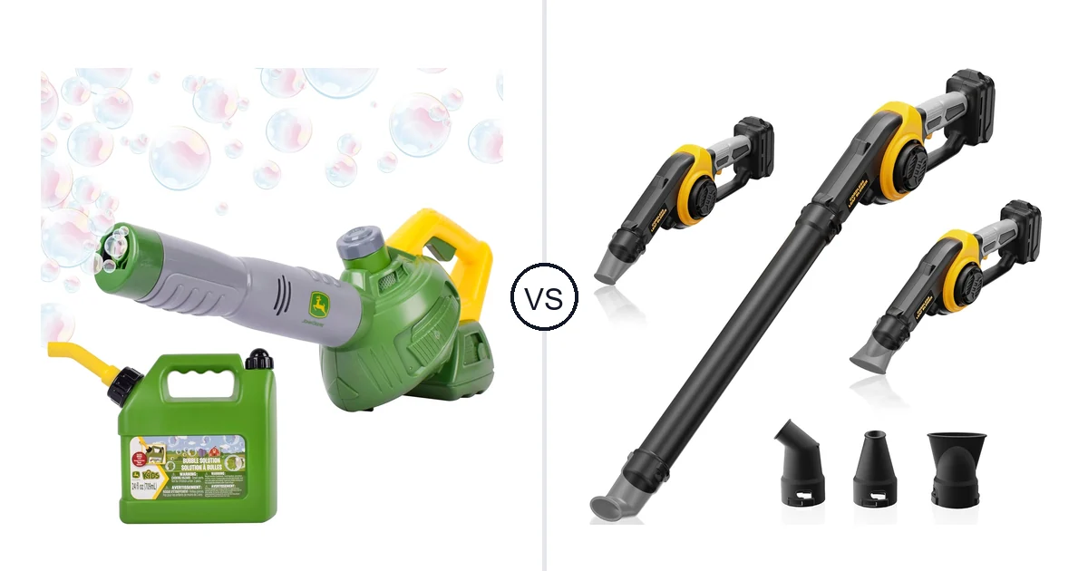 Comparison of John Deere Bubble Leaf Blower Toy for and HEINPRO Cordless Leaf Blower Compatible