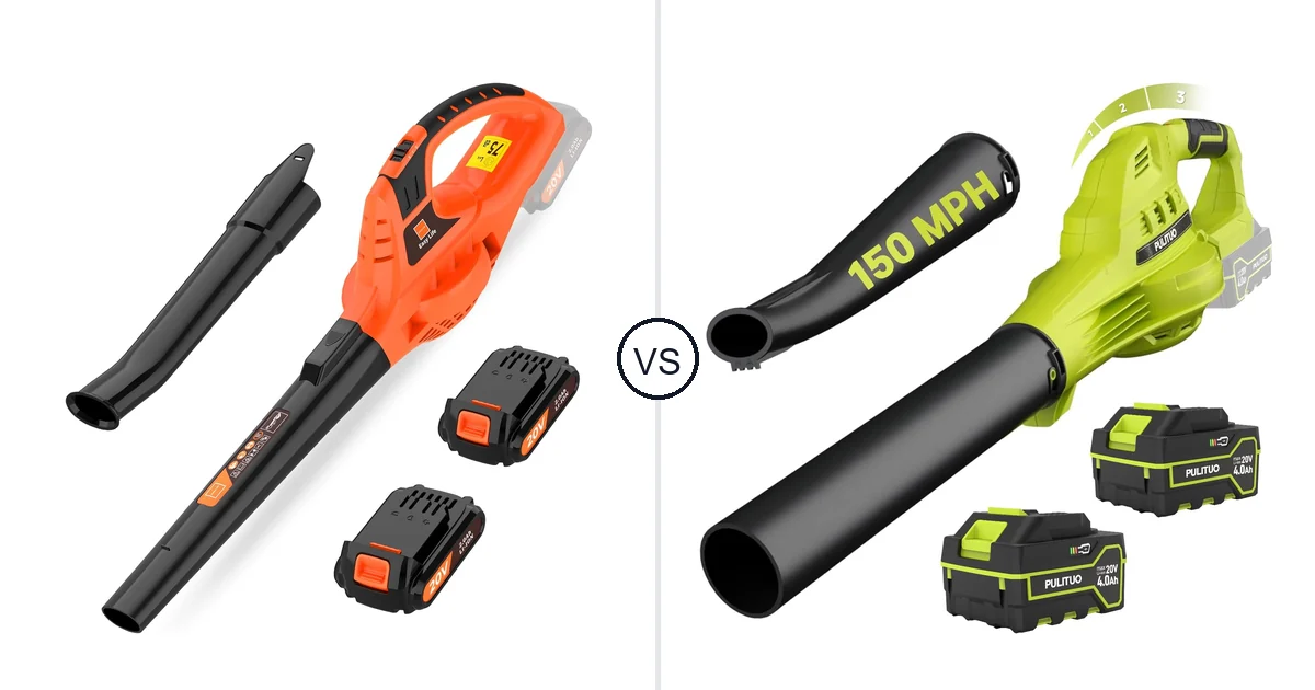 Comparison of Leisch Life Cordless Leaf Blower and PULITUO Updated 4.0 Batteries, Green