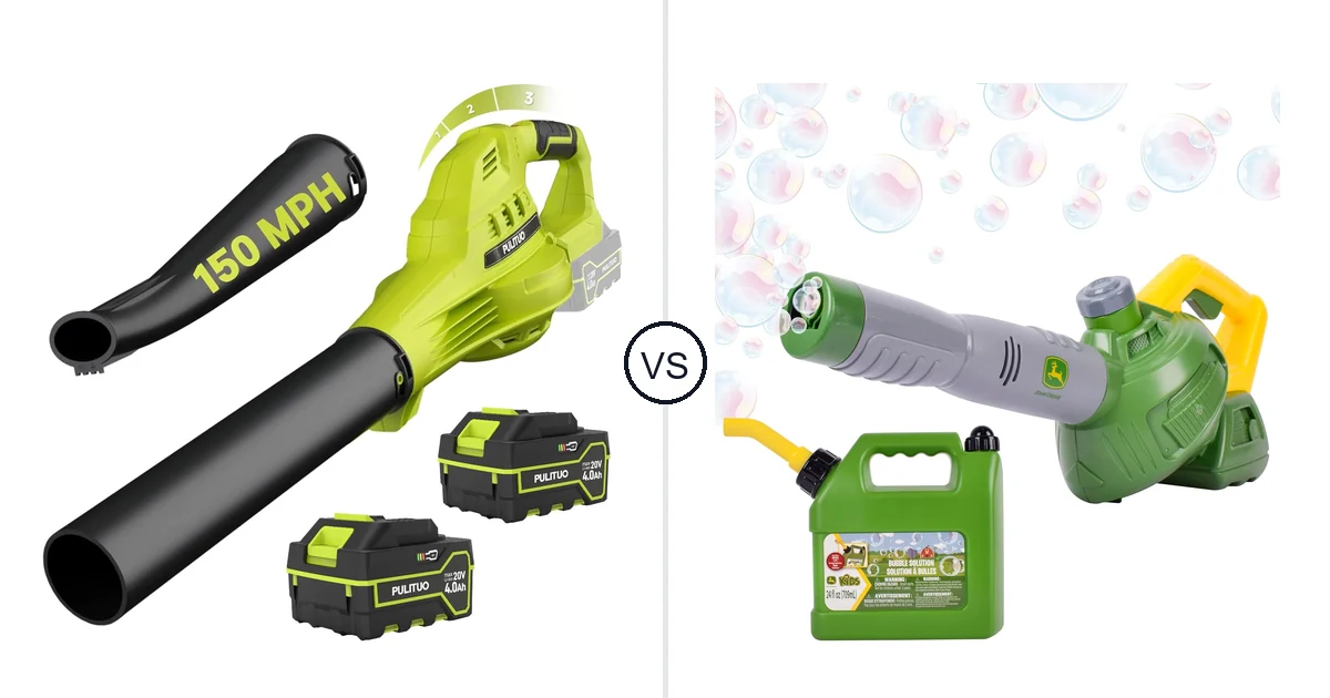 Comparison of PULITUO Updated 4.0 Batteries, Green and John Deere Bubble Leaf Blower Toy for