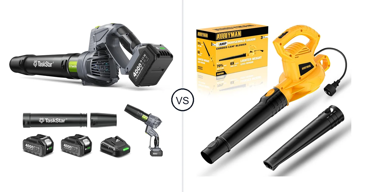 Comparison of TaskStar Cordless Rotary Leaf Blower and Alloyman Corded Leaf Blower-yellow