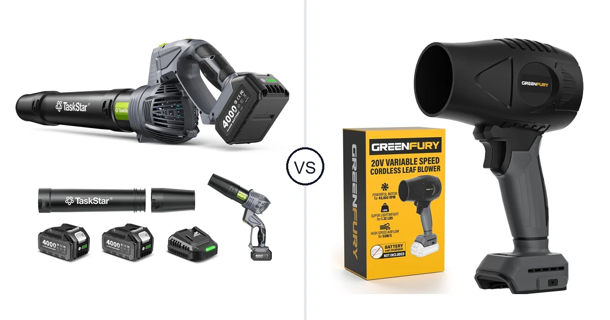 Comparison of TaskStar Cordless Rotary Leaf Blower and GREENFURY Cordless Leaf Blower Compatible