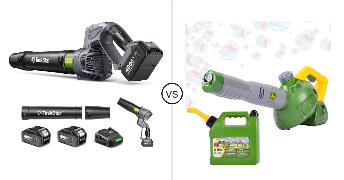 Comparison of TaskStar Cordless Rotary Leaf Blower and John Deere Bubble Leaf Blower Toy for
