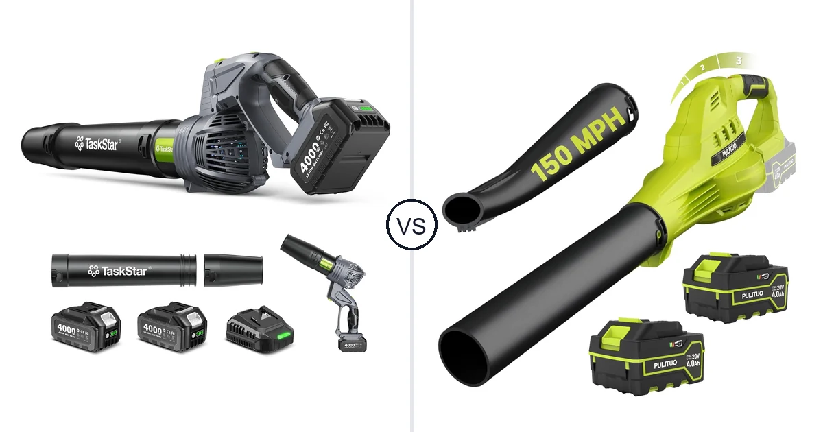 Comparison of TaskStar Cordless Rotary Leaf Blower and PULITUO Updated 4.0 Batteries, Green
